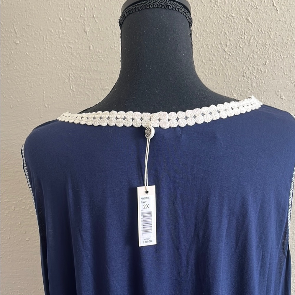 Max Studio Navy Blue Sleeveless Top with White Crochet Detail - Picture 5 of 6